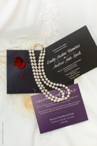 black wedding invitation with pearls
